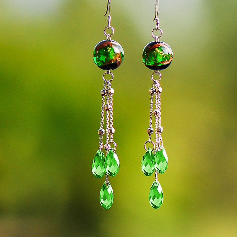 忆奴娇碧瓷纯银饰品水晶耳环长款水滴流苏耳坠绿色耳环
