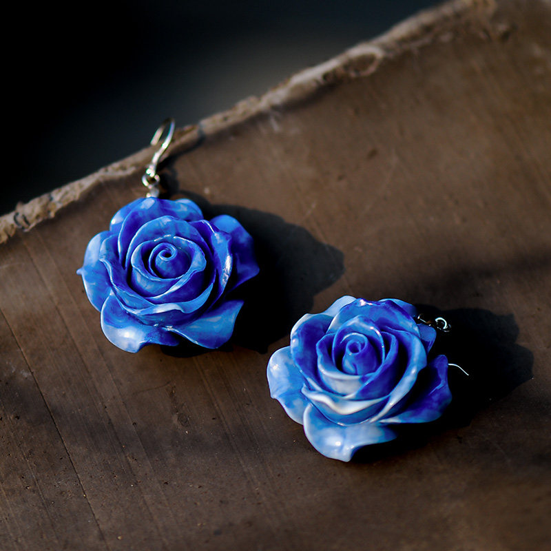 忆奴娇蓝色玫瑰纯银饰品花朵耳环短款耳坠日韩气质耳环
