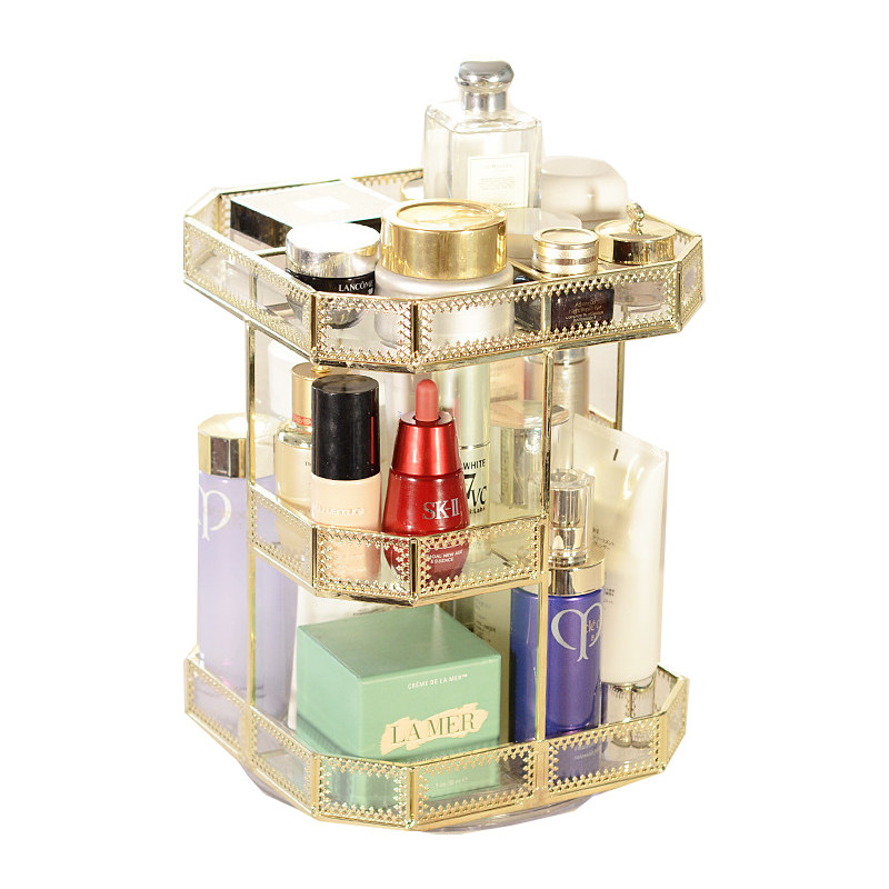 复古玻璃金色旋转化妆盒桌面化妆品收纳盒铜边梳妆台护肤品整理盒