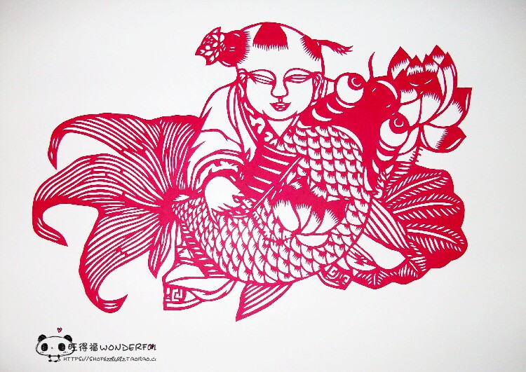 年年有余年画娃娃抱鱼蔚县剪纸手工宣纸黑红两色喜字
