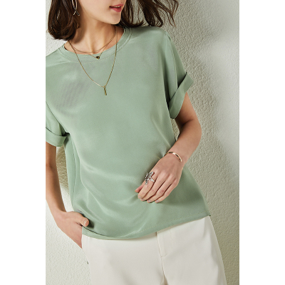 u.n.q 温柔雾霾绿 30姆米6a重磅砂洗桑蚕丝纯色真丝短袖t恤上衣女_双