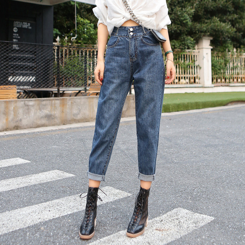 韩版春秋新款时尚收腰高腰两颗对称大口口袋牛仔裤