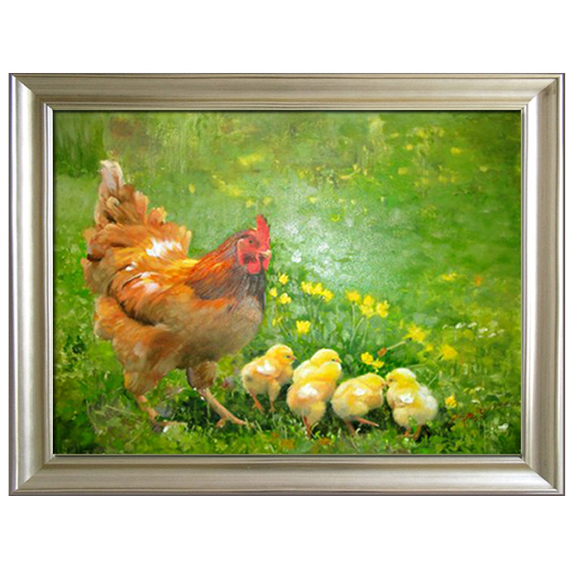母鸡小鸡油画手绘中式玄关过道绿色草地装饰画油画