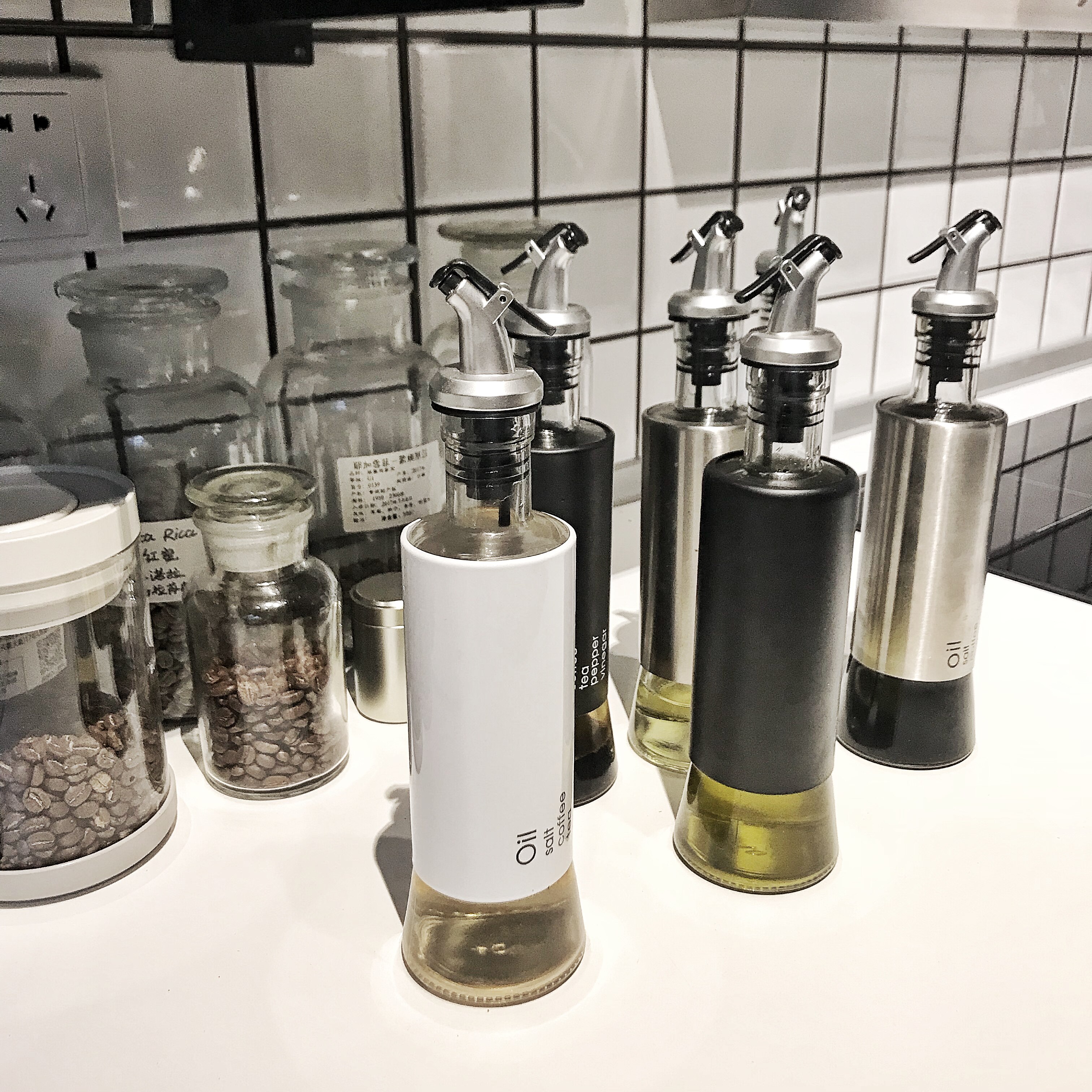 调料livingbank黑色黑白英文油瓶油盐酱醋玻璃瓶不锈钢调味瓶罐