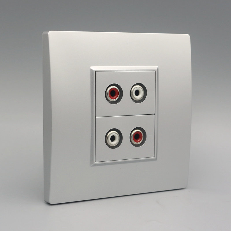 音频银色二位插座面板暗装双莲花免焊4头音响音频插座