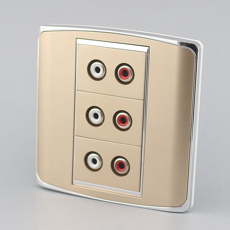 香槟金色av音频插座3个接线红白双莲花头音频插座