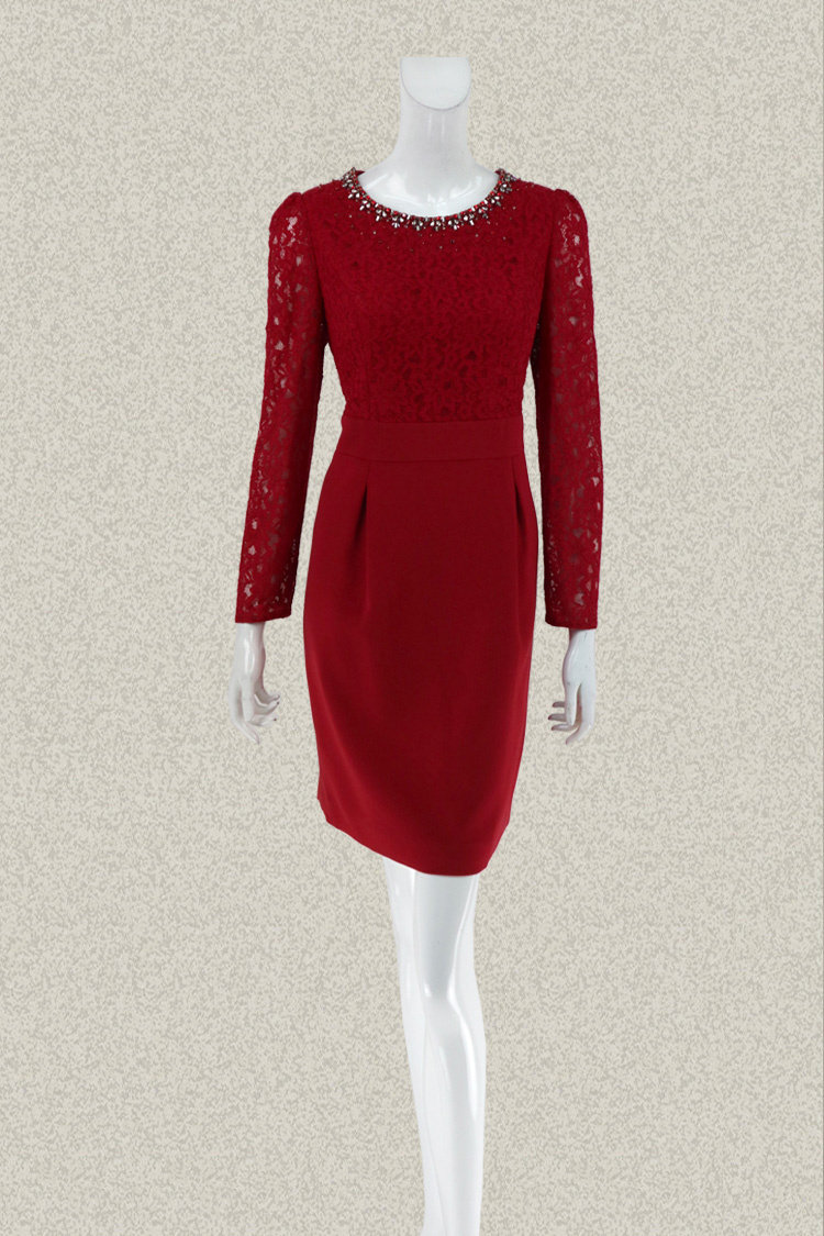 爱珂珂菲eaacpp正品亮丝提花红色春秋轻熟连衣裙连衣裙