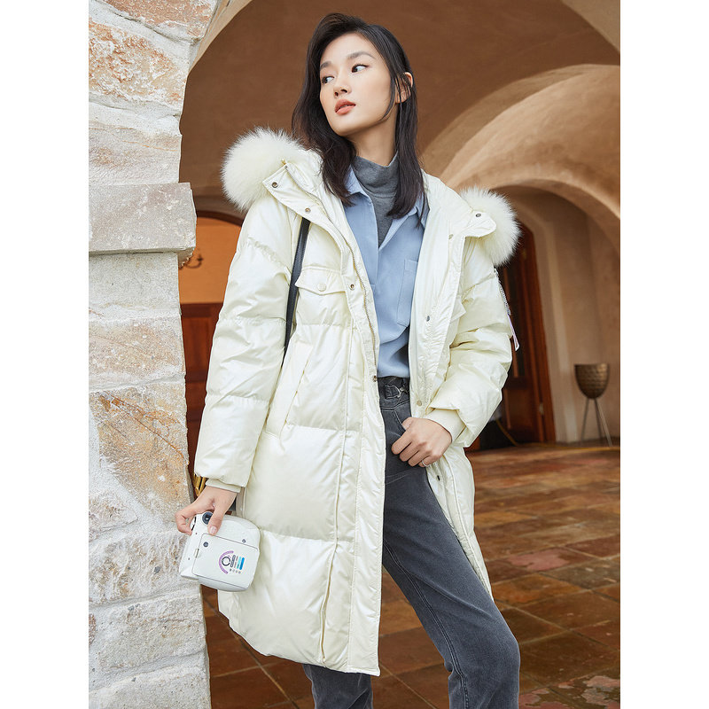 亮面羽绒服女中中长衣香丽影2021年冬装新款大毛毛领羽绒服