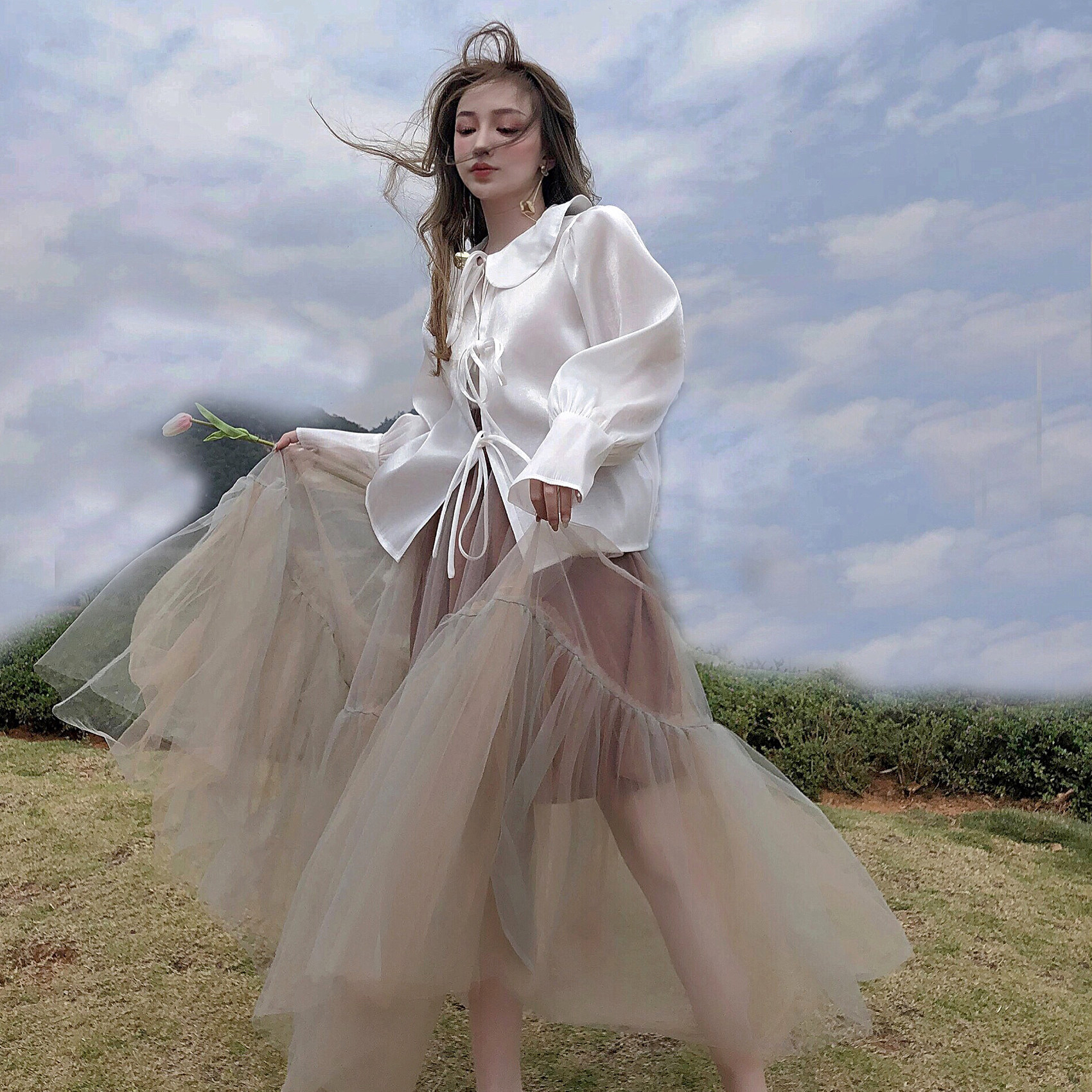 很仙的网纱半身裙女春夏ins超火的中长款高腰a字仙女蓬蓬纱纱裙子