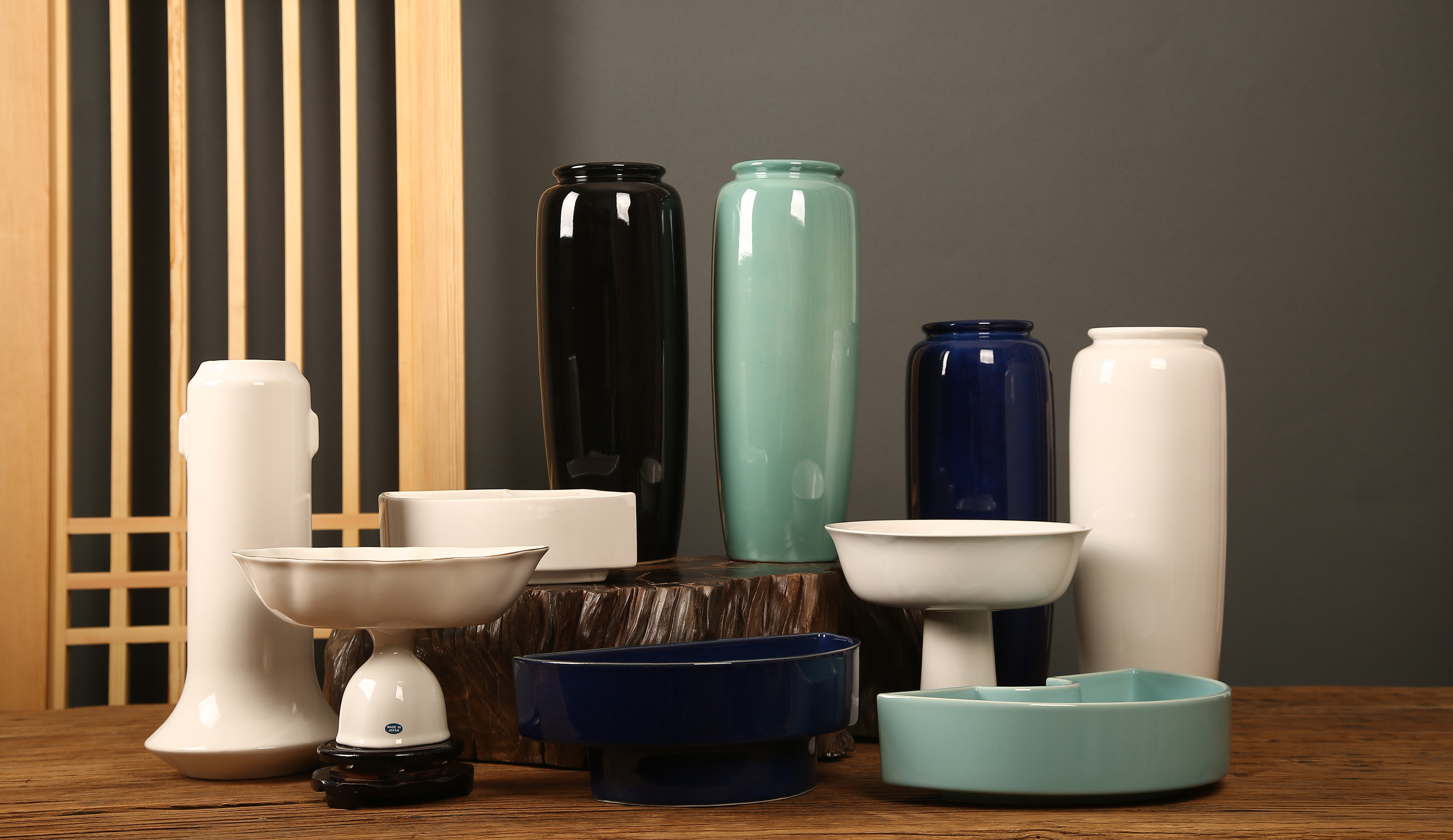 日本进口小原流陶瓷花瓶 花器半月 高脚花器插花专用工具