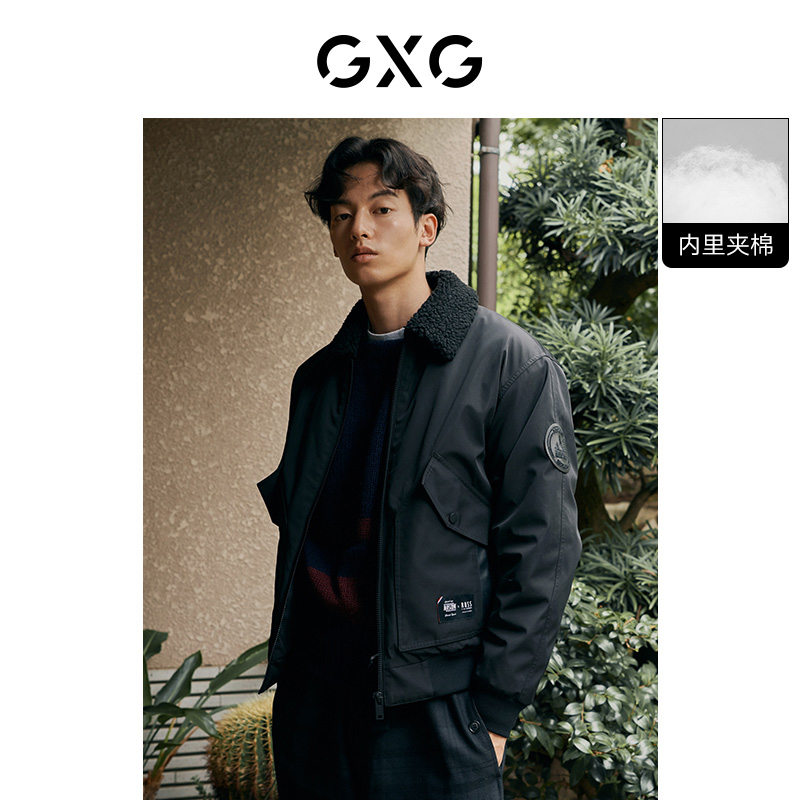 GXG男装 冬季热卖潮流休闲黑色简约翻领棉服夹克外套