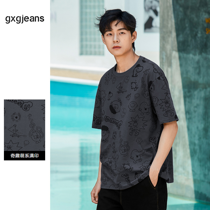 gxgjeans男装秋奇先生妙小姐联名T恤韩版满印短袖休闲体恤潮