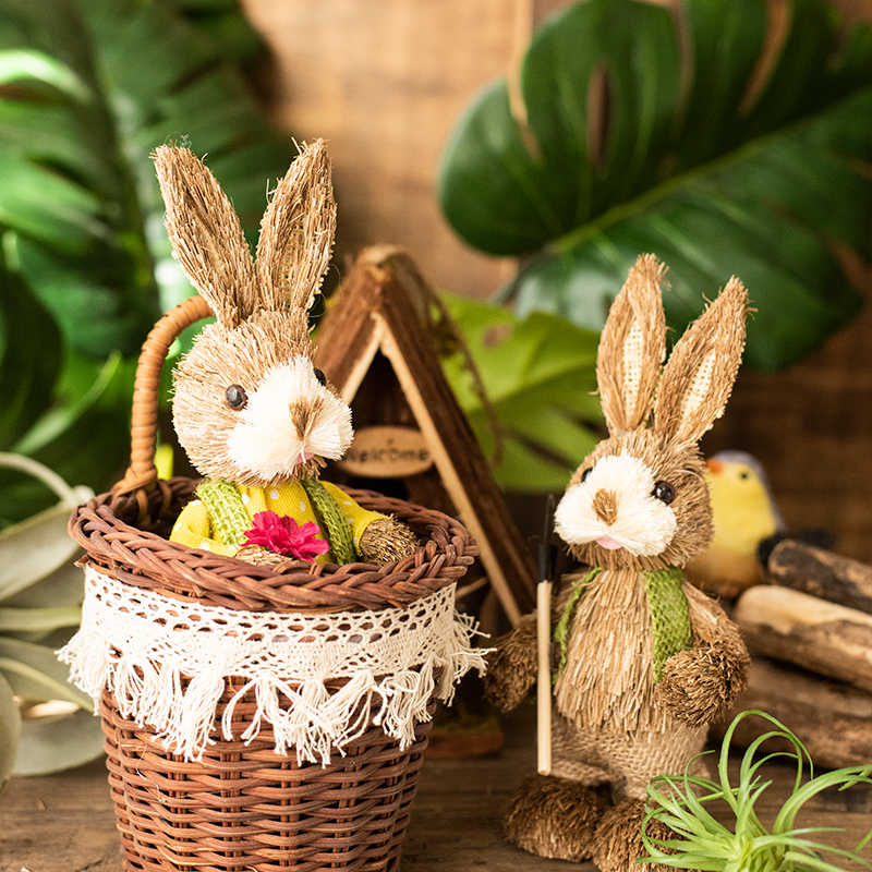 jk空间迷你小号手工天然草编兔子摆件