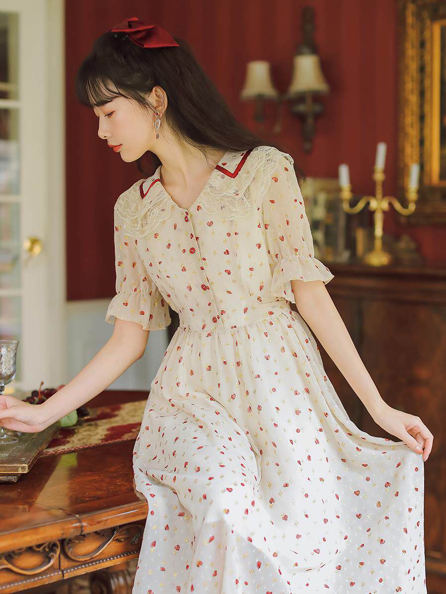 2021年夏装新款仙女超仙森系雪纺碎花娃娃领连衣裙女初恋甜美长裙