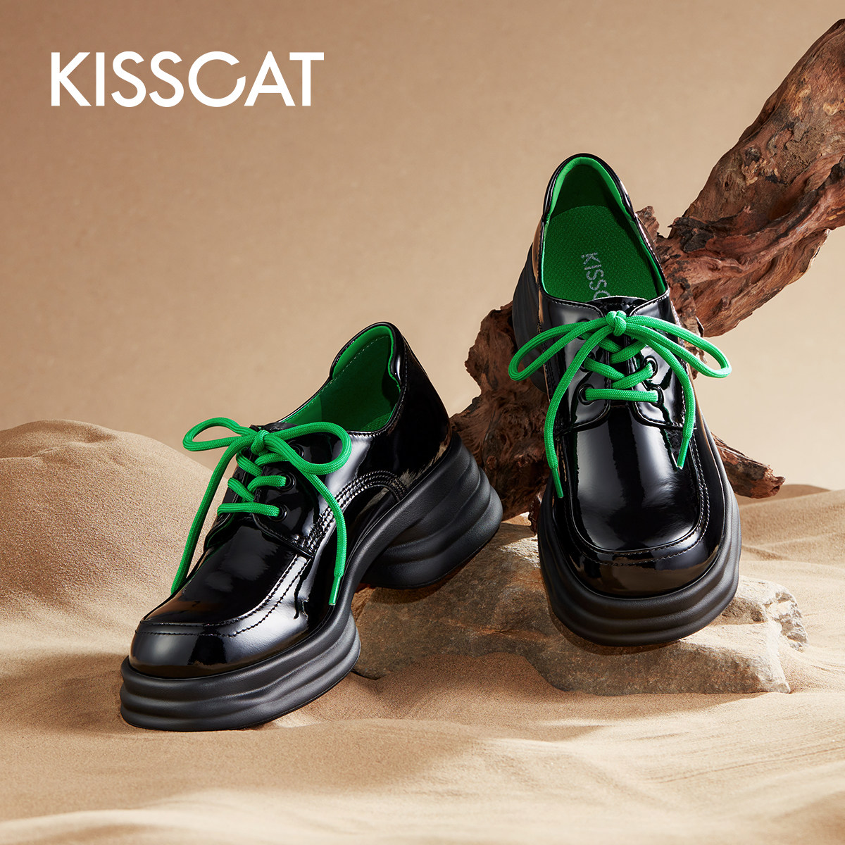 接吻猫2022秋季新款休闲单鞋学院运动撞色方头粗乐福鞋(豆豆鞋)