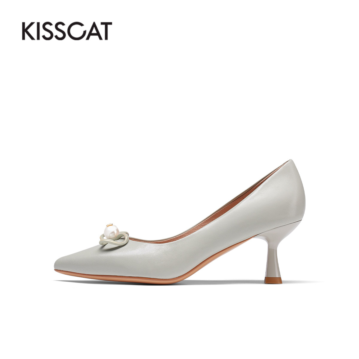 接吻猫女鞋2022夏季新款复古质感高跟鞋珍珠蝴蝶结单鞋