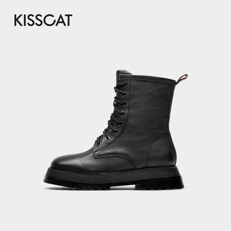接吻猫冬季新款时尚经典摔纹牛皮短靴ins英伦风马丁马丁靴