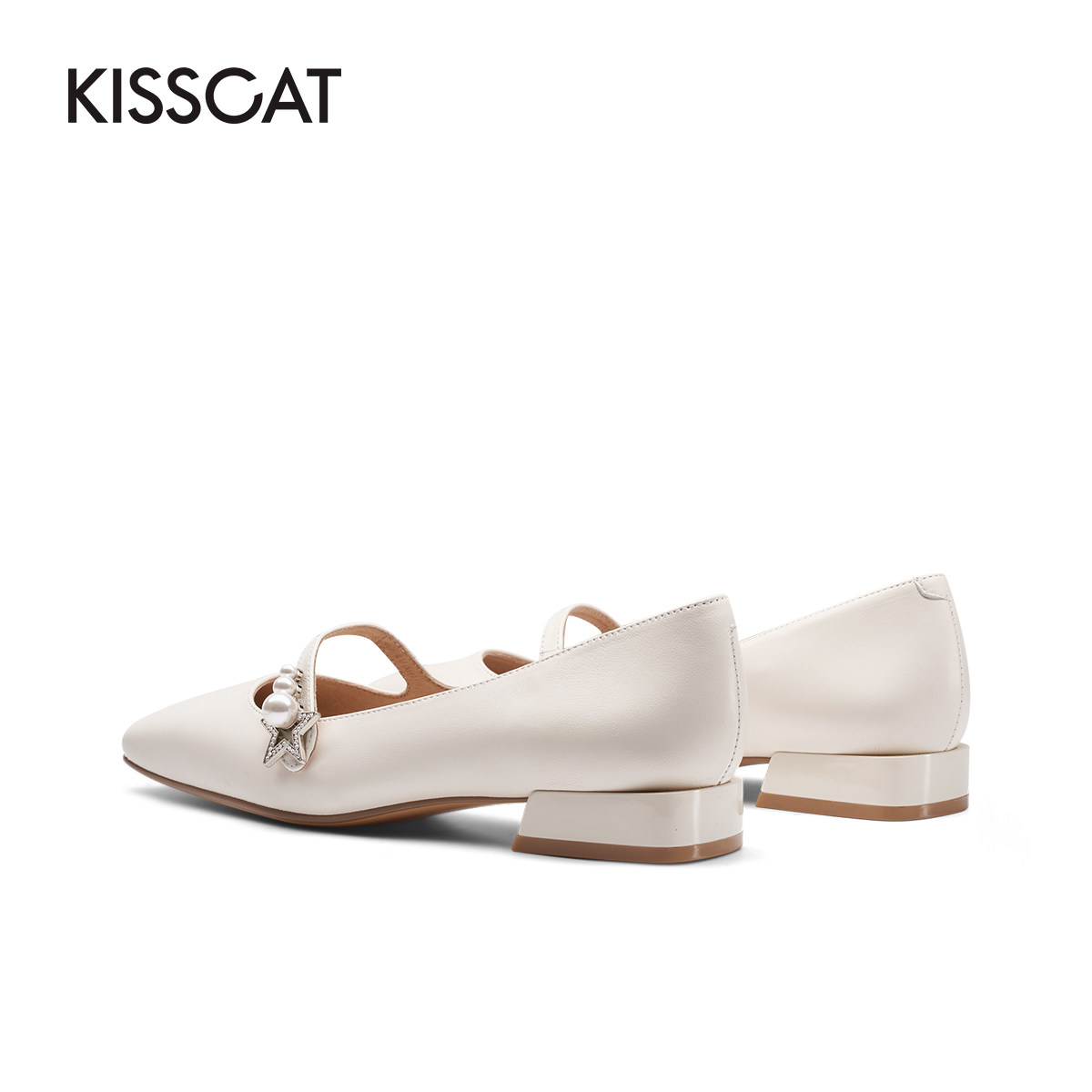 接吻猫单鞋女2022春夏新款方头玛丽珍时尚珍珠羊皮平底小香风鞋子