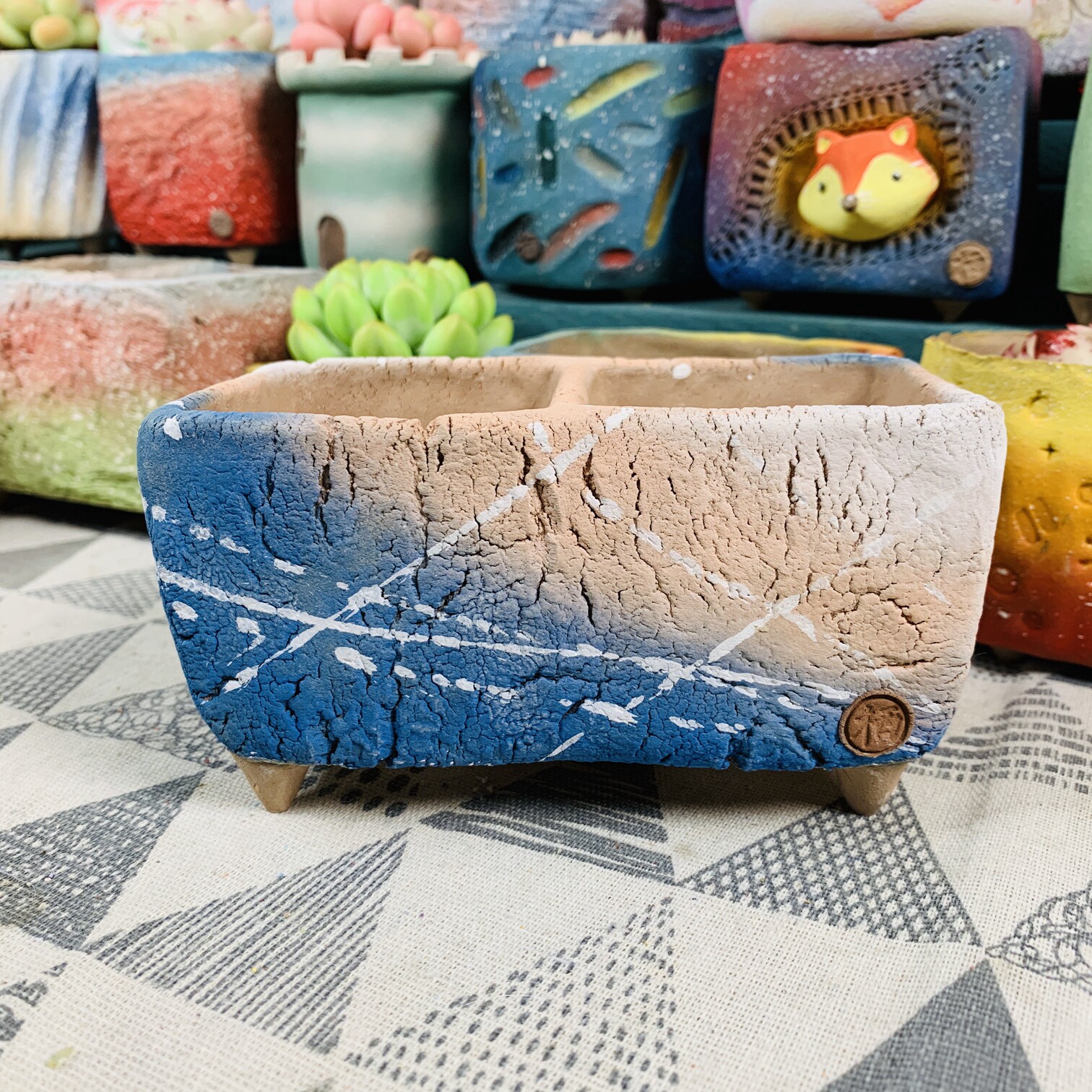 格调花器木栖黑科技手工多肉花盆双格系列长条花盆