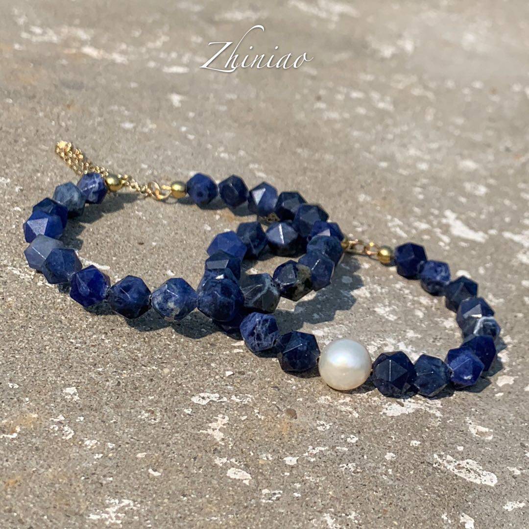 宝石手镯天然珍珠蓝纹石chic原创手工设计定制手镯