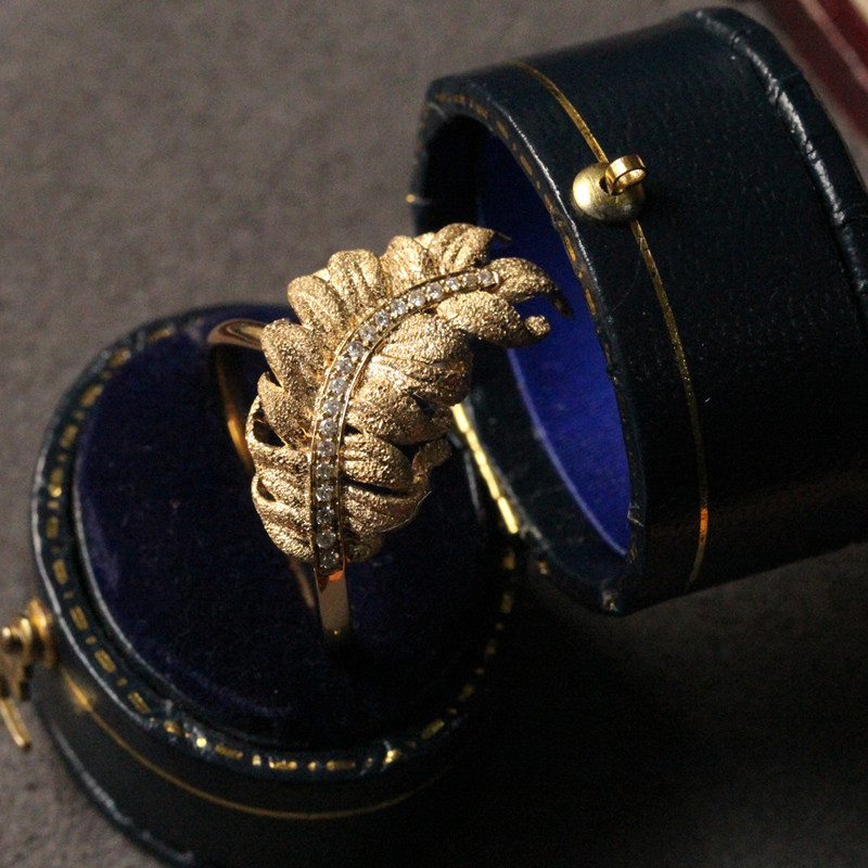 钻石翎舞18k金砂金工艺设计羽毛戒指珠宝镶嵌手饰