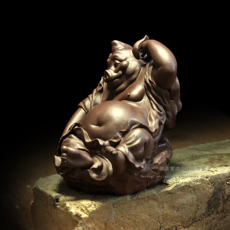 御青堂宜兴紫砂杨湛紫砂全手工茶宠摆件茶玩雕塑猪八戒乐逍遥