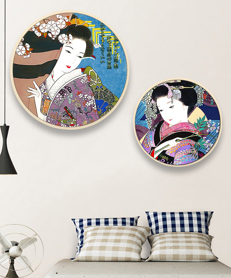 日本浮世绘圆形框装饰画榻榻米卧室挂画餐厅酒店日式装饰画玄关画