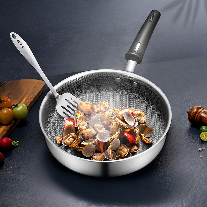 苏泊尔316l不锈钢平底锅牛排煎锅家用炒菜菜锅燃气煎锅