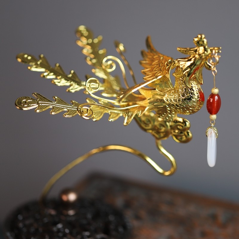 尹霞发簪头饰古风汉服明清凤凰饰品立体金凤发饰