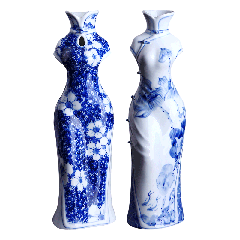 旗袍陶瓷手绘花瓶中式青花瓷美女摆件花瓶