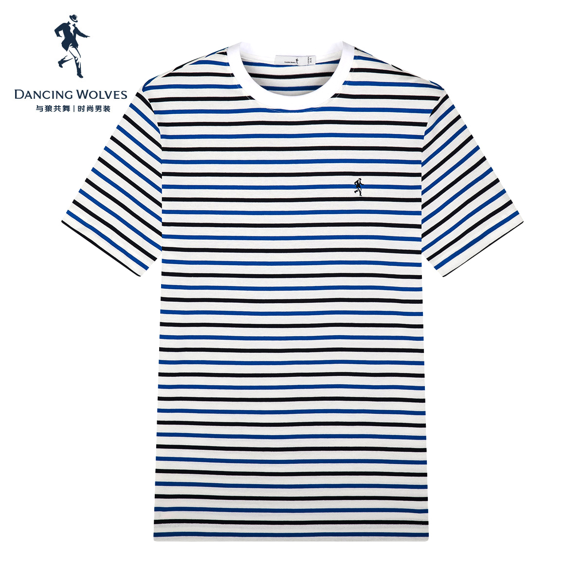 与狼共舞纯棉短袖T恤男2022夏季新款潮流休闲条纹男士半袖短t