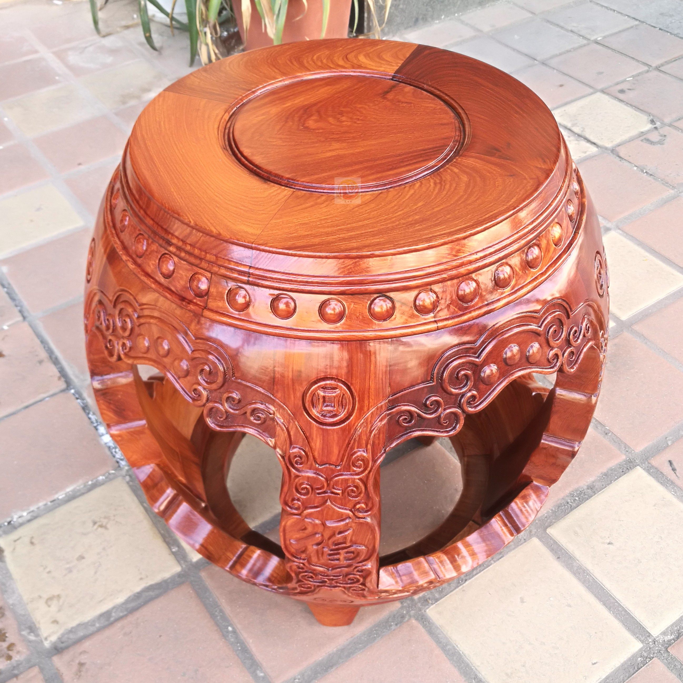 包邮红木家具缅甸花梨木雕花鼓凳大紫檀古墩秀墩鼓墩