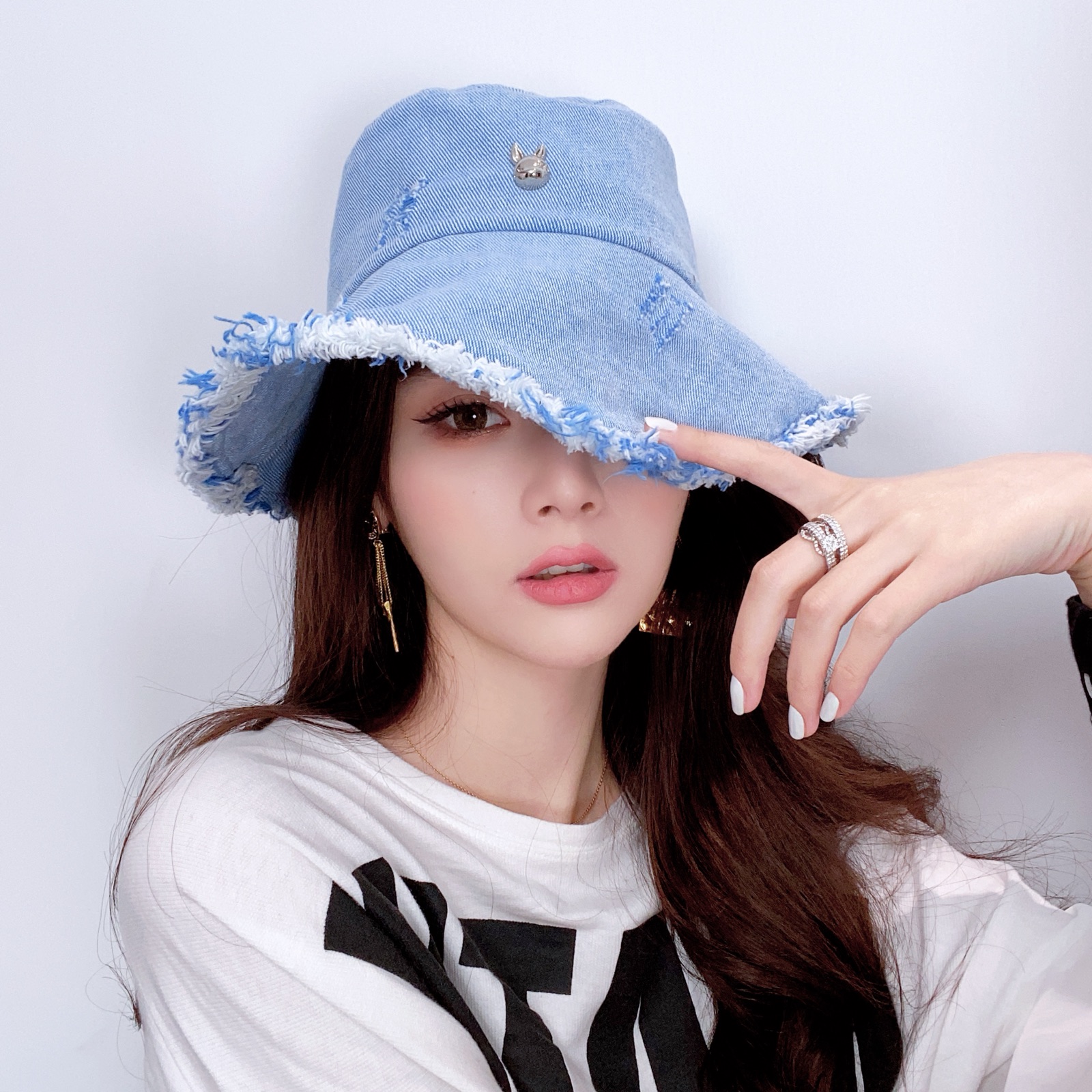 牛仔渔夫帽女磨边春夏网红款韩版蓝色盆帽大帽帽子