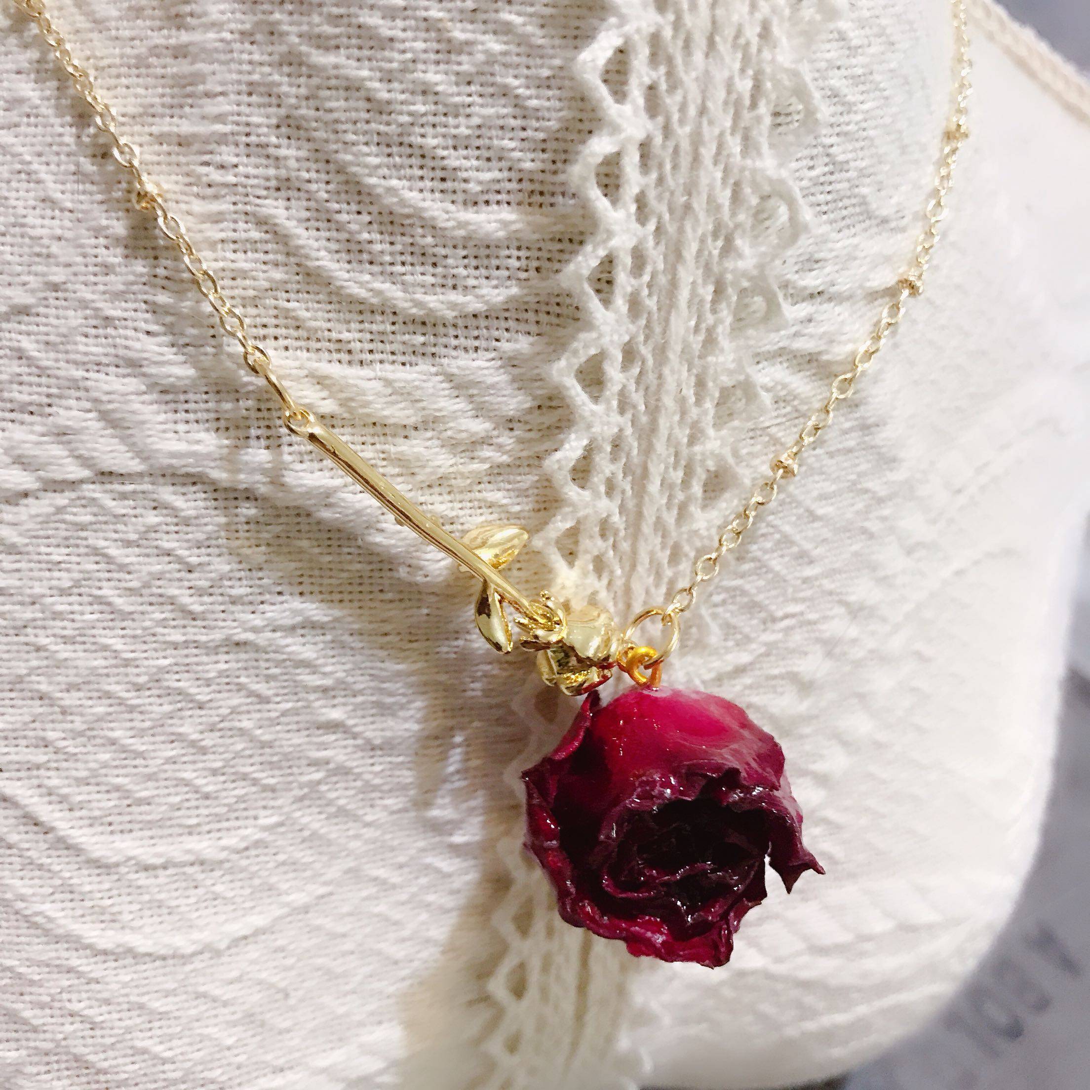 原创设计18k包金小王子玫瑰花天然法国真花红玫瑰项链