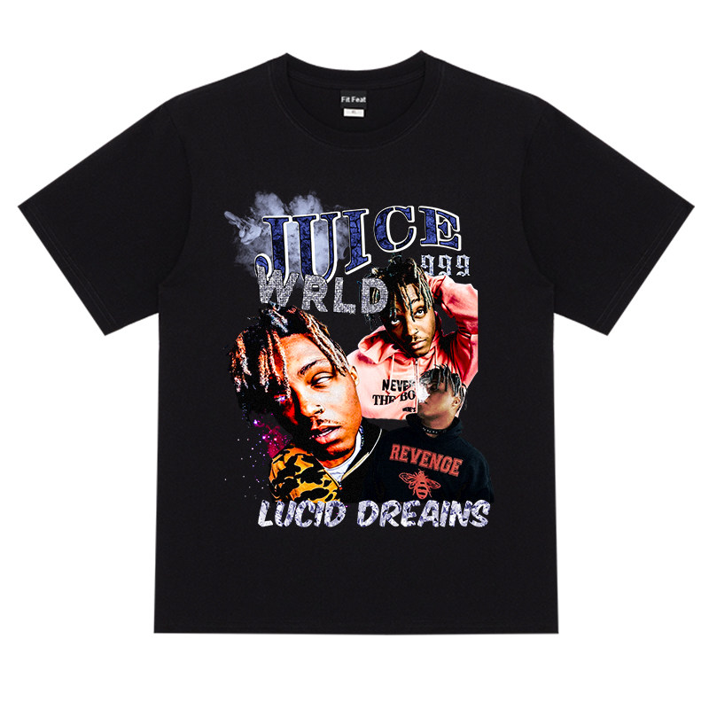 欧美美高街复古juicewrld嘻哈歌手人像印花男女t恤