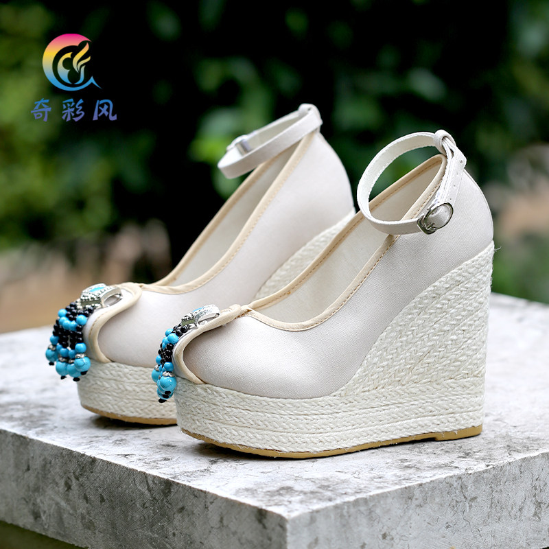 七彩民风手工12cm超高高跟布鞋浅色单鞋坡民族风布鞋