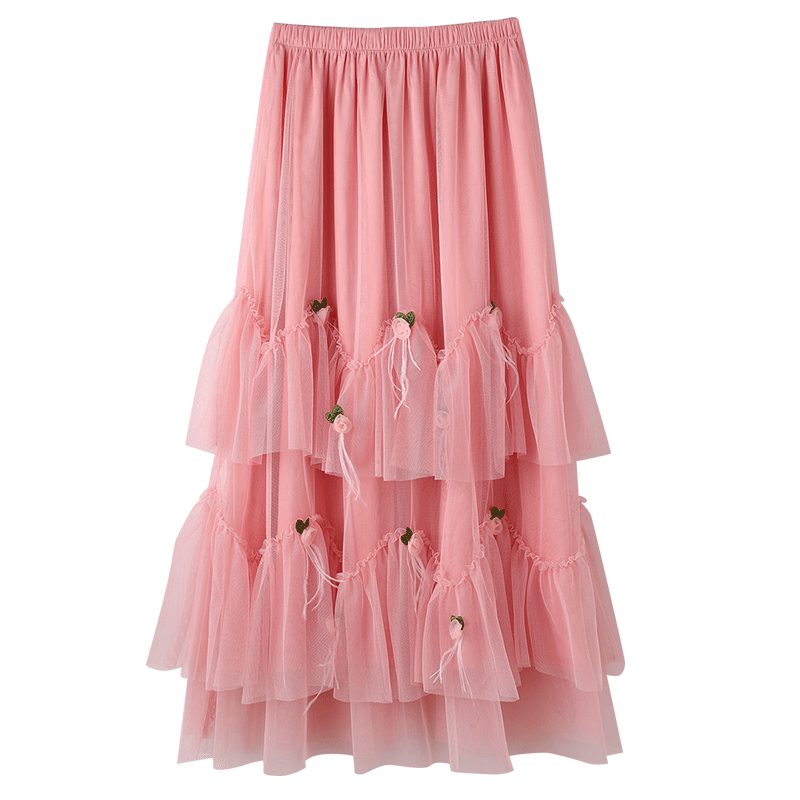 粉色纱裙秋冬季女装韩版小资优雅浪漫蕾丝大摆半身裙