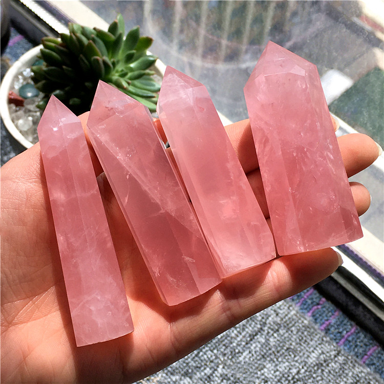 天然莫桑比克水晶柱子粉色棱柱长形方柱家居客厅摆件