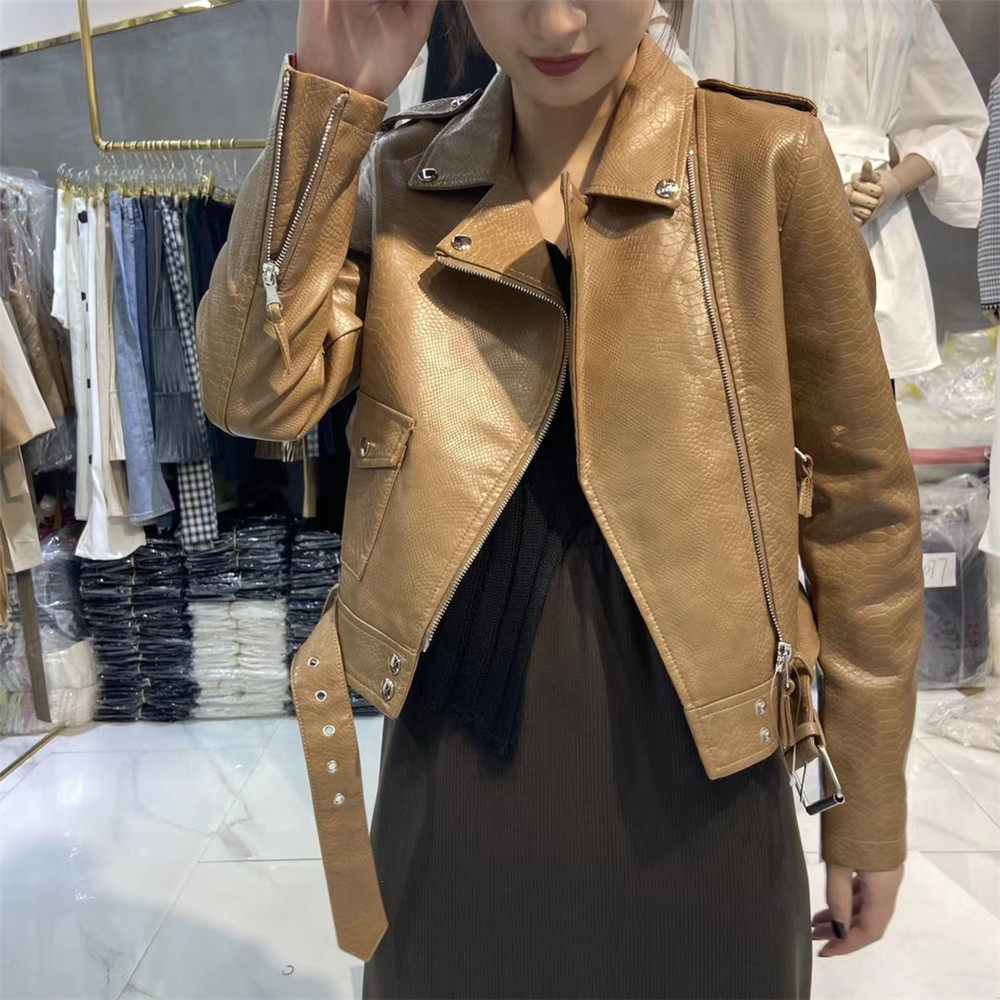 春秋质感外套皮外女式机车腰带皮夹克新短款蛇皮皮衣