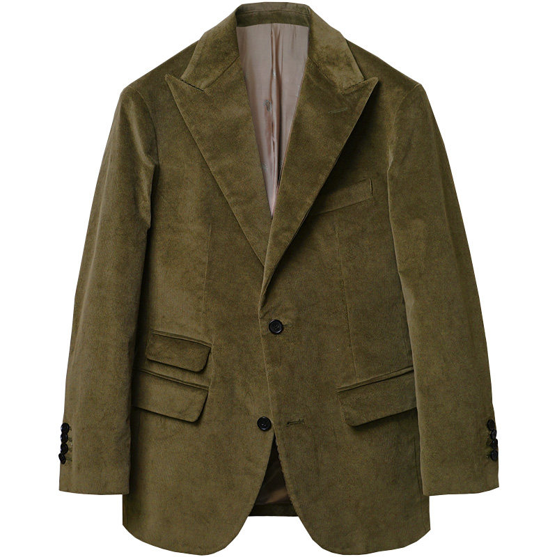 复古灯芯绒戗驳领单排扣西装 秋冬商务加厚全棉外套修身条绒西服