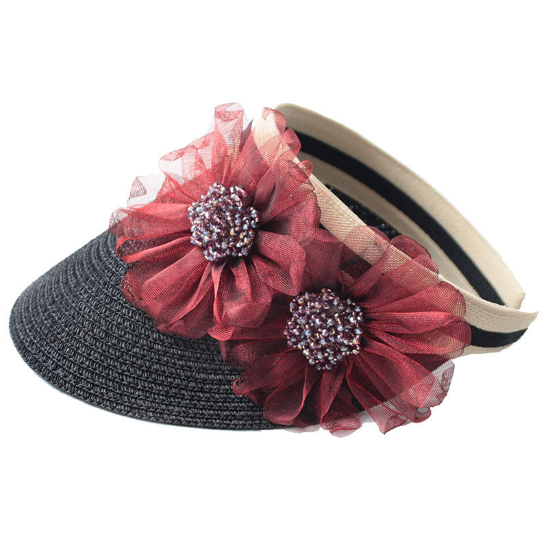 法式气质串珠网纱花朵弹力顶帽夏女扎马尾遮阳帽子