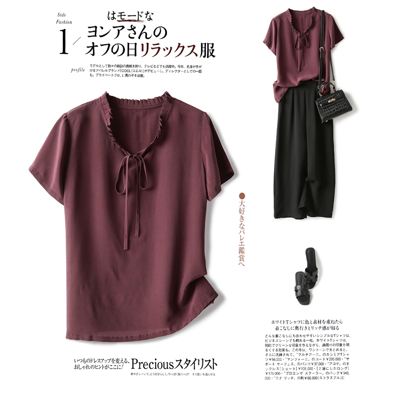 真丝T恤女桑蚕丝休闲宽松韩版上衣2022新款木耳系带领短袖衫夏装