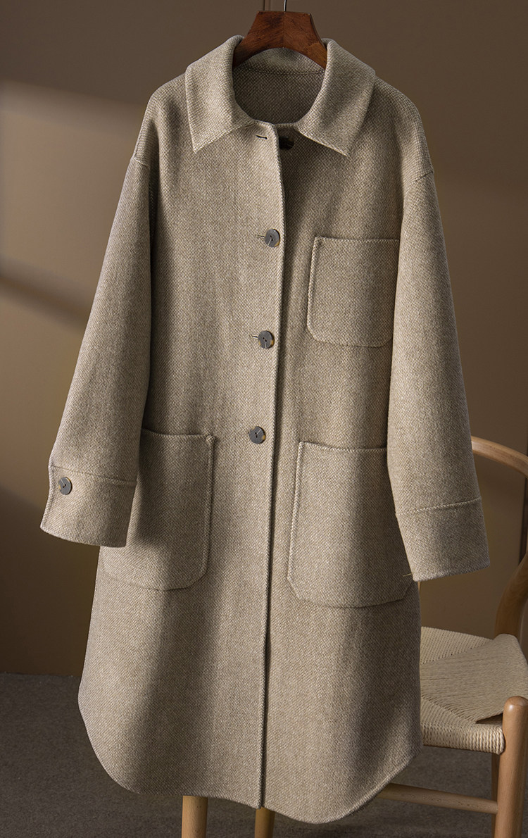 春天家 篙级感燕麦色 意国设计 手工双面羊毛呢大衣外套女572l