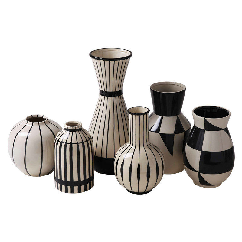 现代黑色条纹陶瓷花器设计师款软装干花插组合花瓶