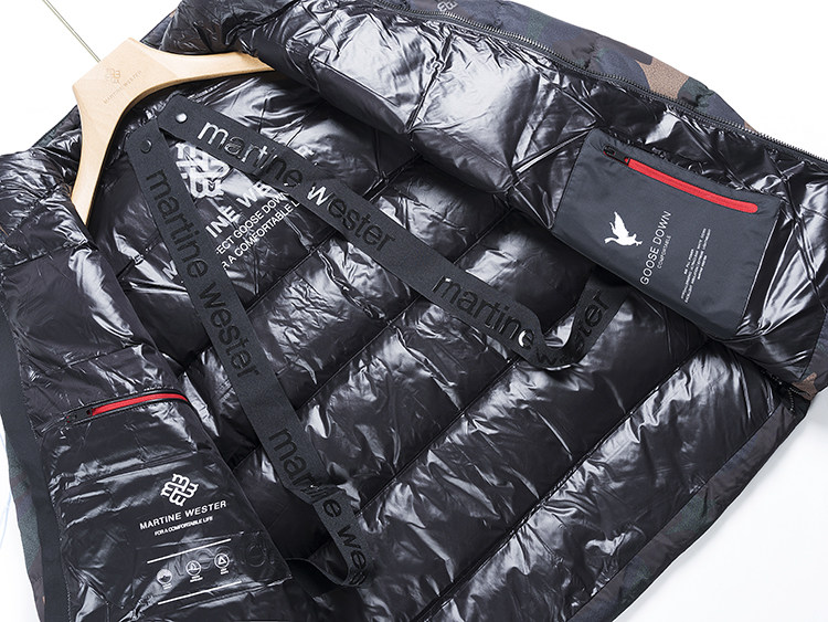 英伦冬迷彩潮范高织防水面料连帽一袖长90白鹅绒拉链厚羽绒服男