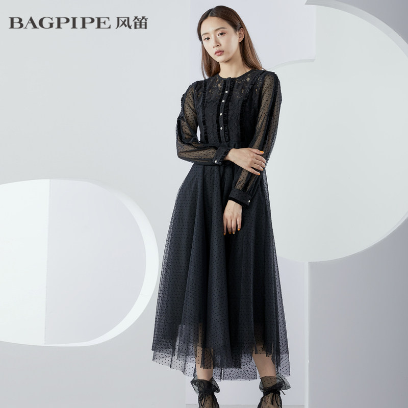 bagpipe风笛2020冬季女士新款气质淑女黑色立领连衣裙
