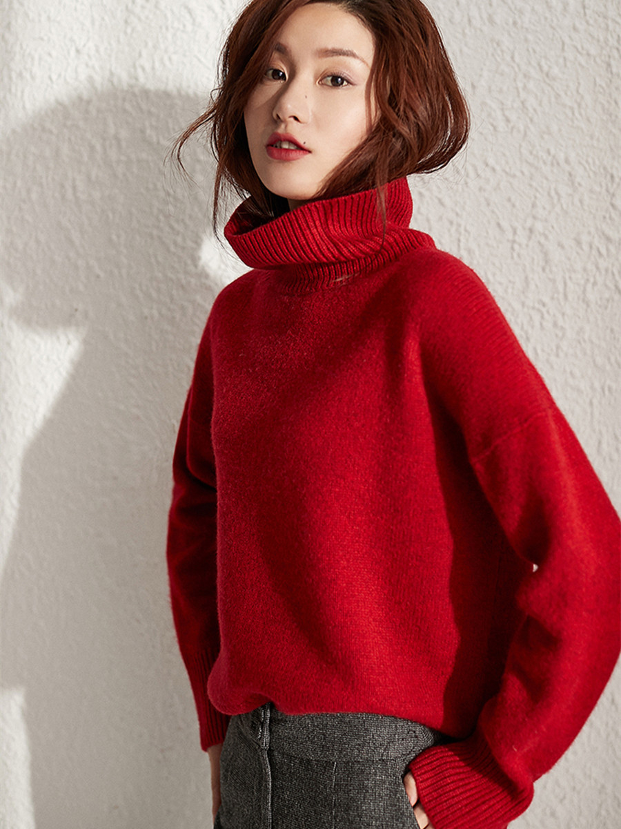高领羊绒衫2021新款纯羊羊绒开叉新年红色毛衣毛衣