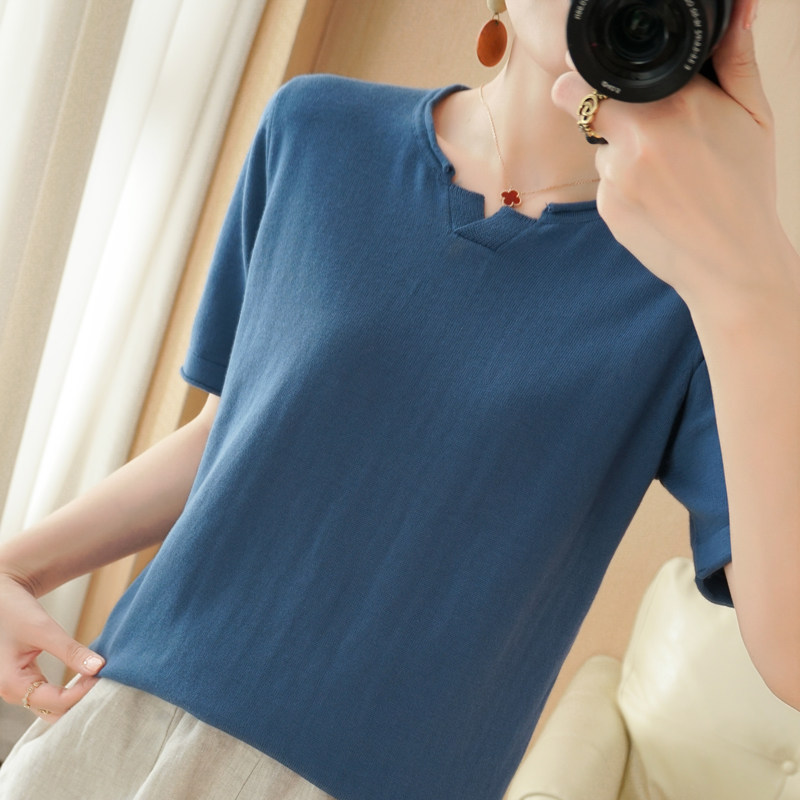 棉线100%纯棉短袖针织衫圆领套头宽松短款背心t恤