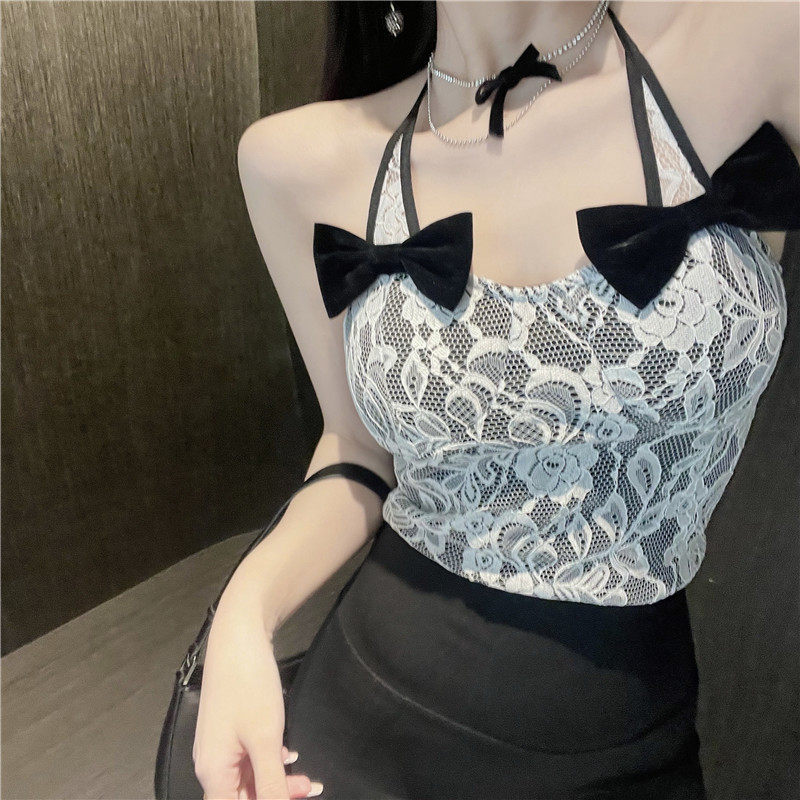 甜辣蕾丝挂脖抹胸网红主播直播衣服显胸大可背心吊带