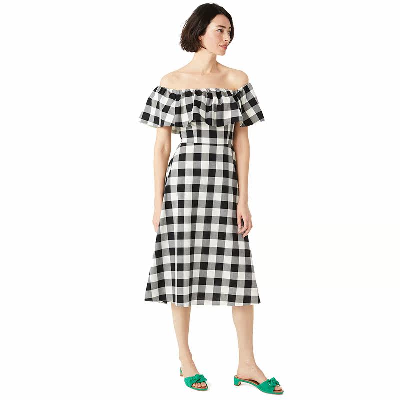 katespade2021新款黑白方格吊带连衣裙荷叶露肩连衣裙